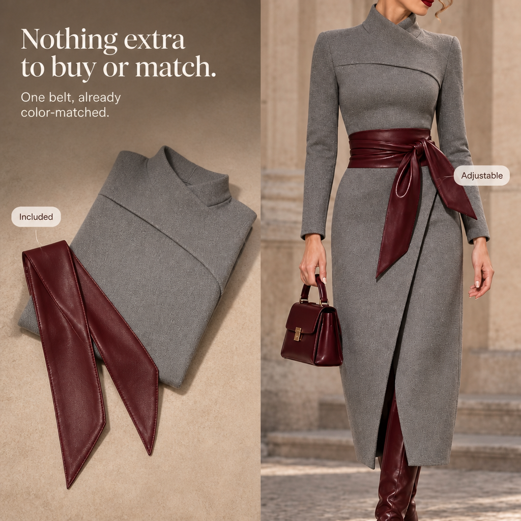 Damen Wickelkleid Struktur-Strick Midi