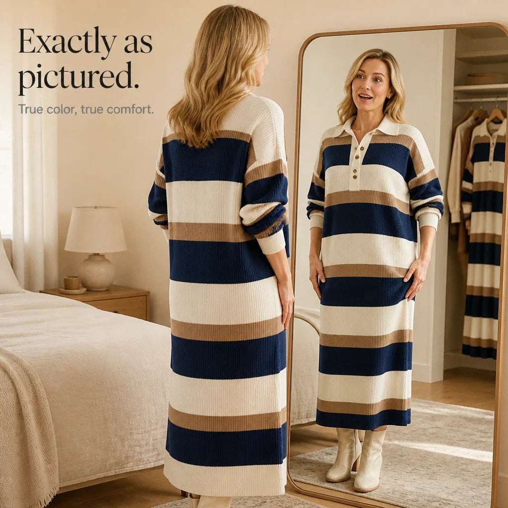 Strickkleid mit Polokragen und Streifen