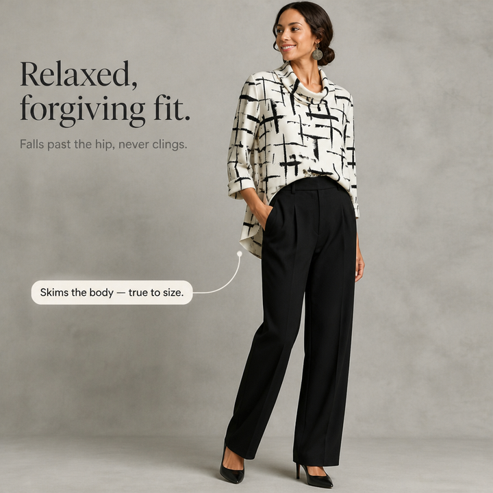 Cowlina | Damen 3/4-Arm Bluse mit Rollkragen und Kreuzmuster