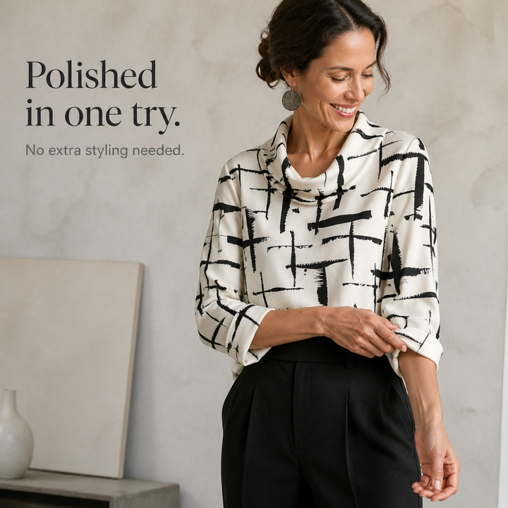 Cowlina | Damen 3/4-Arm Bluse mit Rollkragen und Kreuzmuster