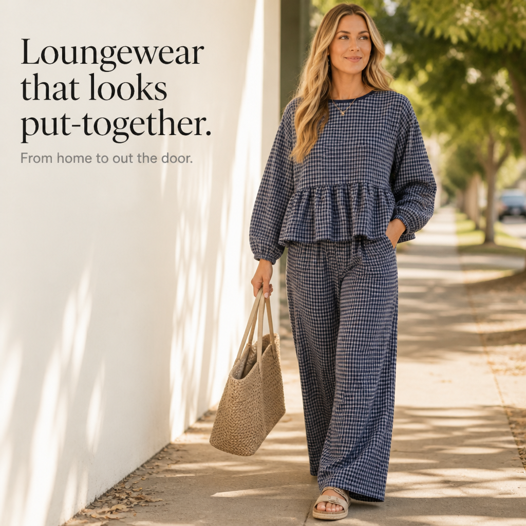 Elara | Gingham-Zweiteiler mit Peplum-Oberteil und weiter Hose