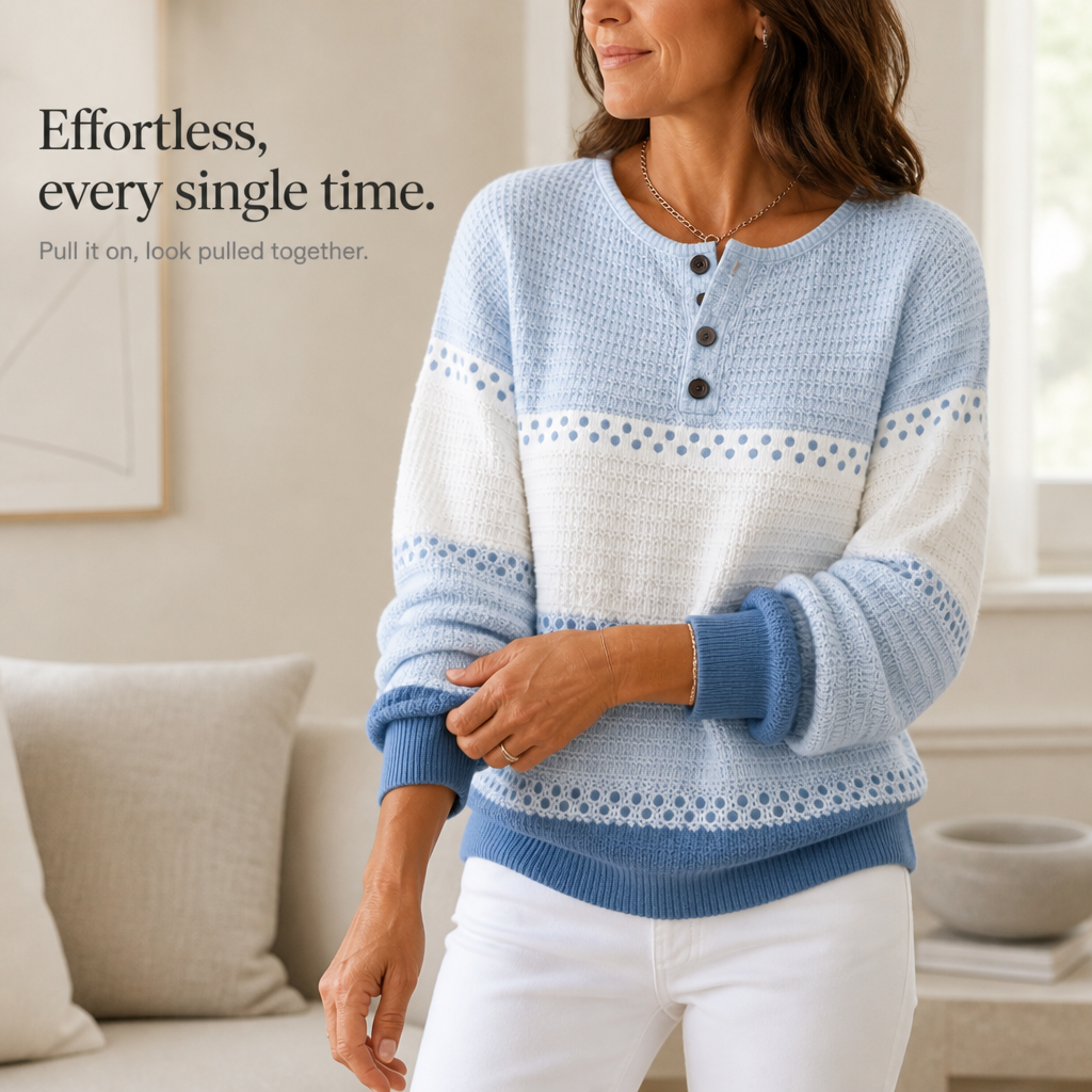 Damen Waffelstrick Henley Pullover Color Block