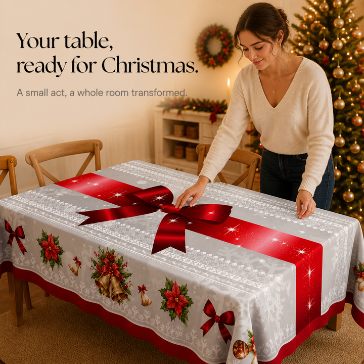 Holly Hearth | Weihnachts-Tischdecke mit Rote-Schleifen-Druck
