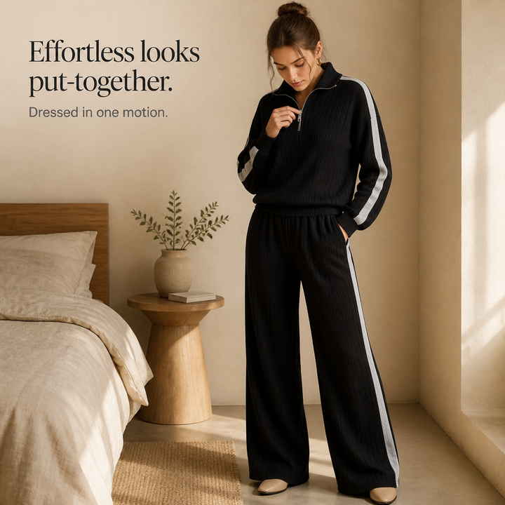 Damen Loungewear-Set geripptes Oberteil mit Halbreißverschluss und weiter Hose