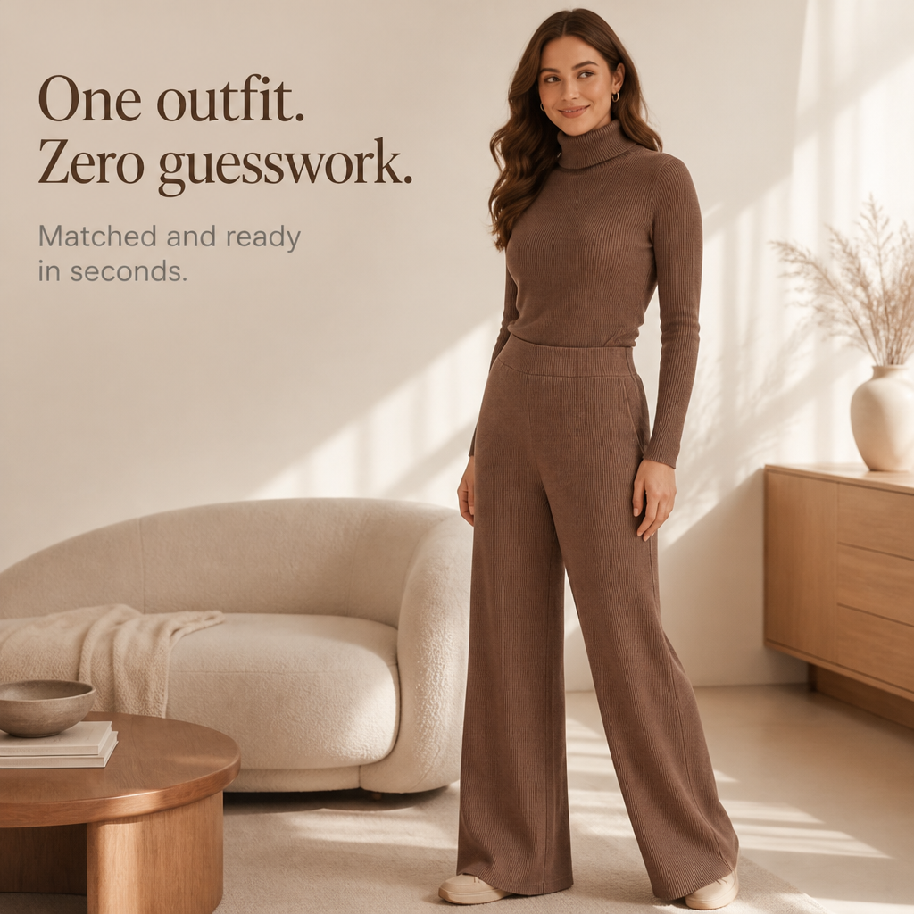 Damen Strick-Set Rollkragen-Oberteil mit weiter Hose
