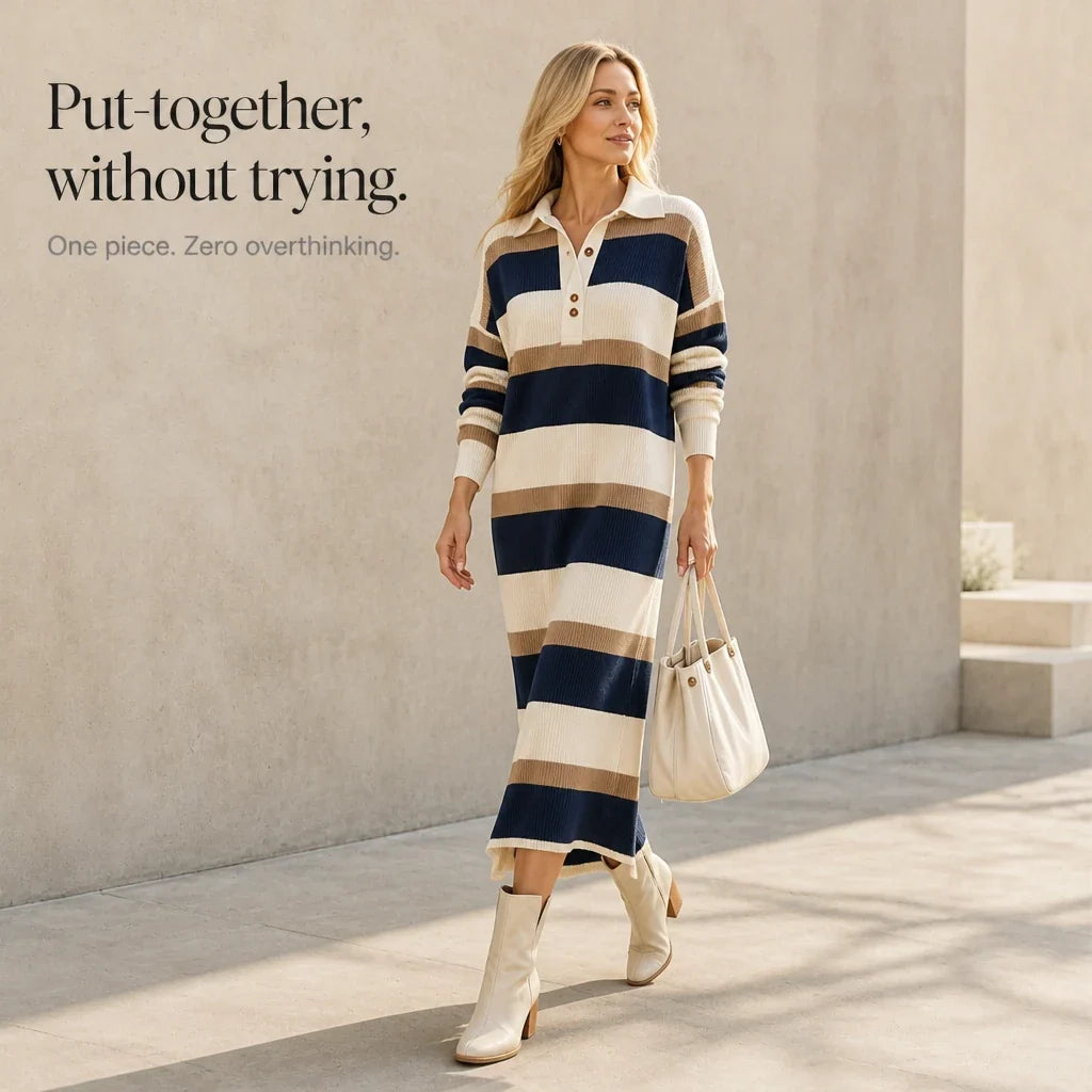 Strickkleid mit Polokragen und Streifen