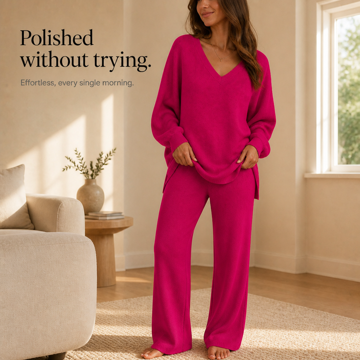 Damen Set V-Ausschnitt Pullover Und Weite Hose