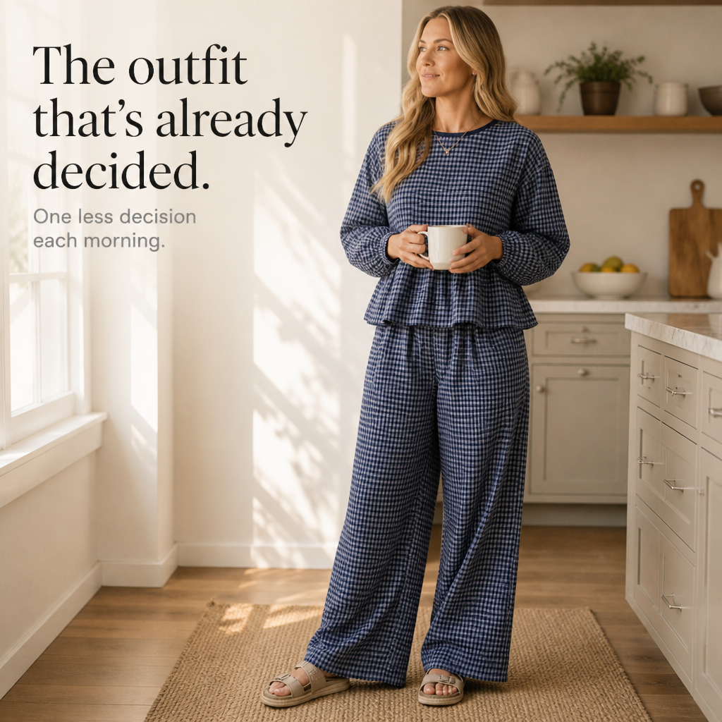Elara | Gingham-Zweiteiler mit Peplum-Oberteil und weiter Hose