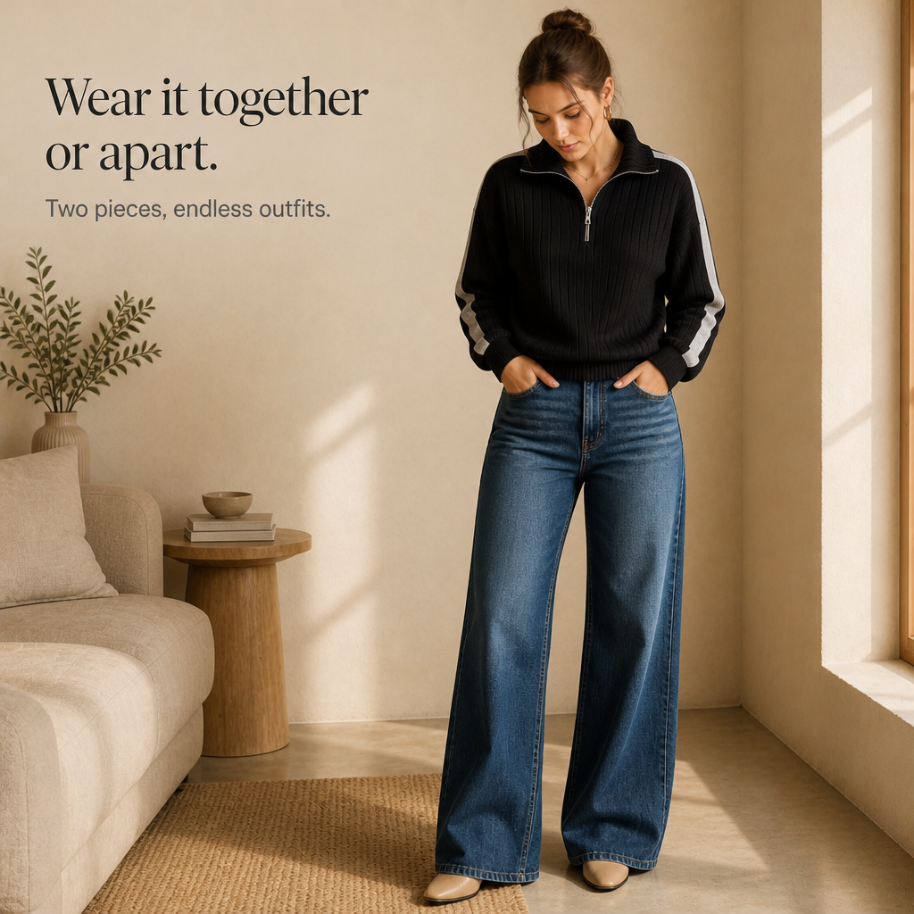 Damen Loungewear-Set geripptes Oberteil mit Halbreißverschluss und weiter Hose