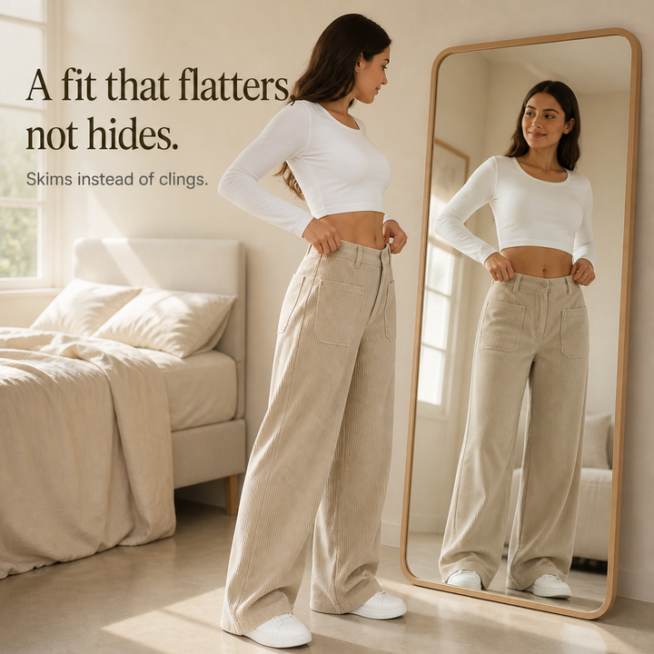 Damen Cordhose Hohe Taille Weites Bein Stretch