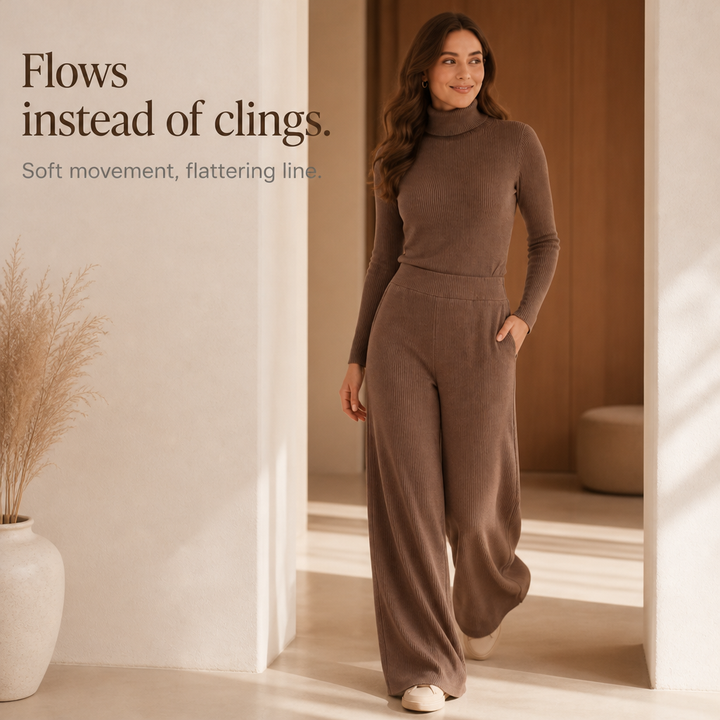Damen Strick-Set Rollkragen-Oberteil mit weiter Hose