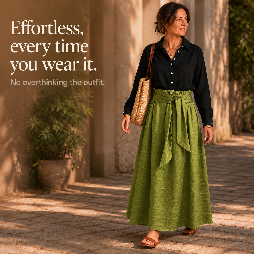 Olive Onyx | Damen Zweiteiler Knopfhemd und Midirock mit Bindegürtel