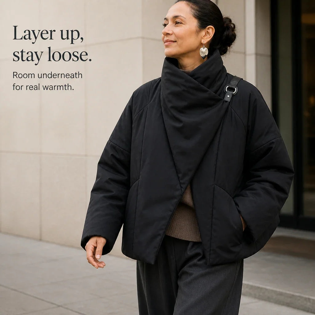 Steppjacke mit asymmetrischem Drapierungskragen