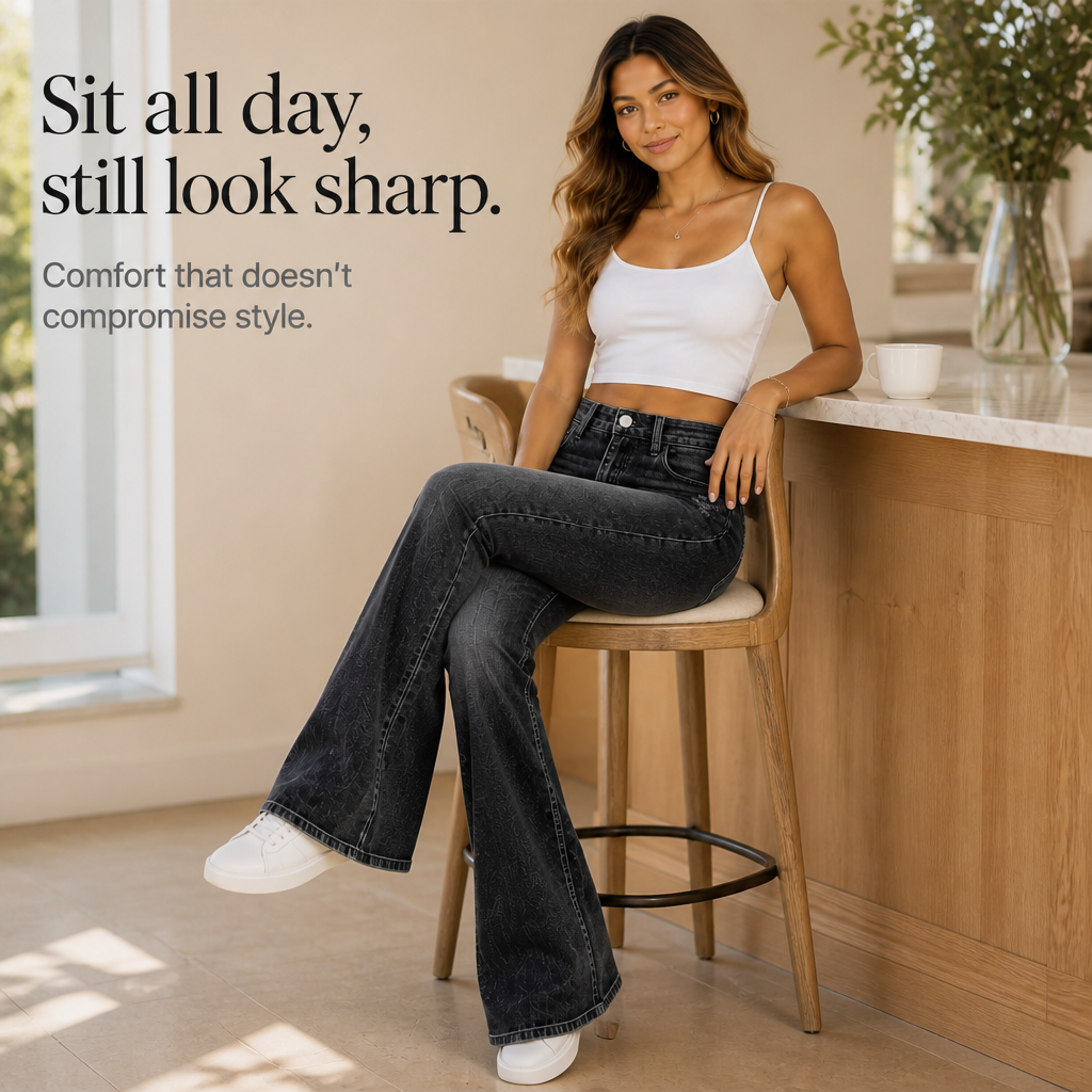Damen Schlagjeans Hohe Taille Whisker Waschung