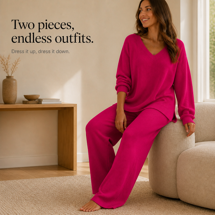 Damen Set V-Ausschnitt Pullover Und Weite Hose