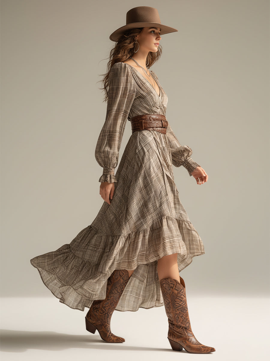 Boho sukienka midi z szyfonu w kratę z falbankami