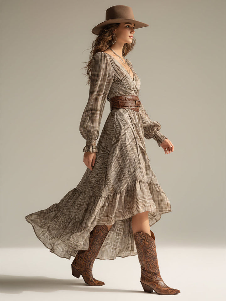 Boho sukienka midi z szyfonu w kratę z falbankami