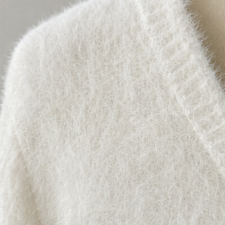 Damen Minikleid Flauschig Strick V-Ausschnitt