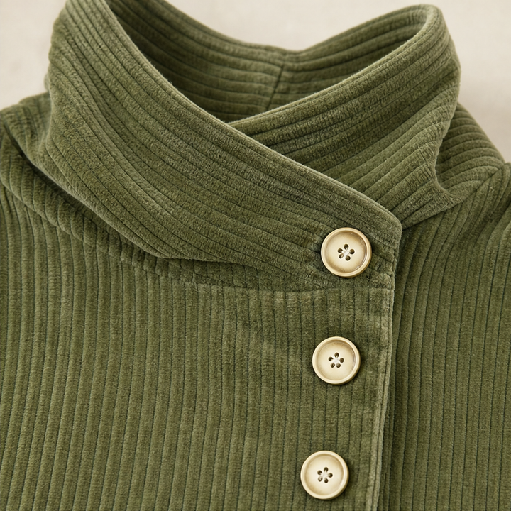 Damen Cord Oberteil Asymmetrische Knopfleiste Mit Stehkragen