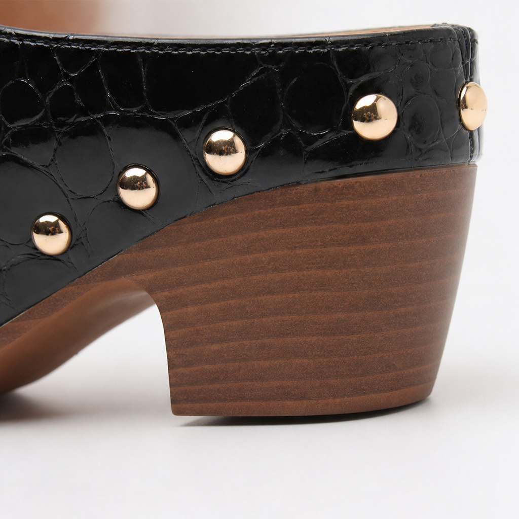 Damen Clogs Mules Krokodilprägung Mit Gold-Nieten