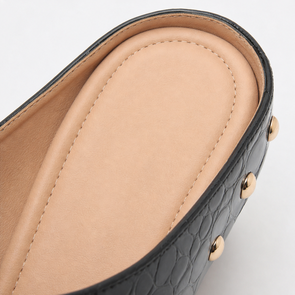 Damen Clogs Mules Krokodilprägung Mit Gold-Nieten
