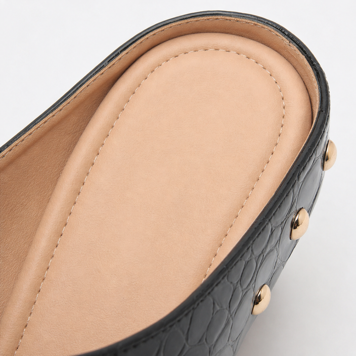 Damen Clogs Mules Krokodilprägung Mit Gold-Nieten