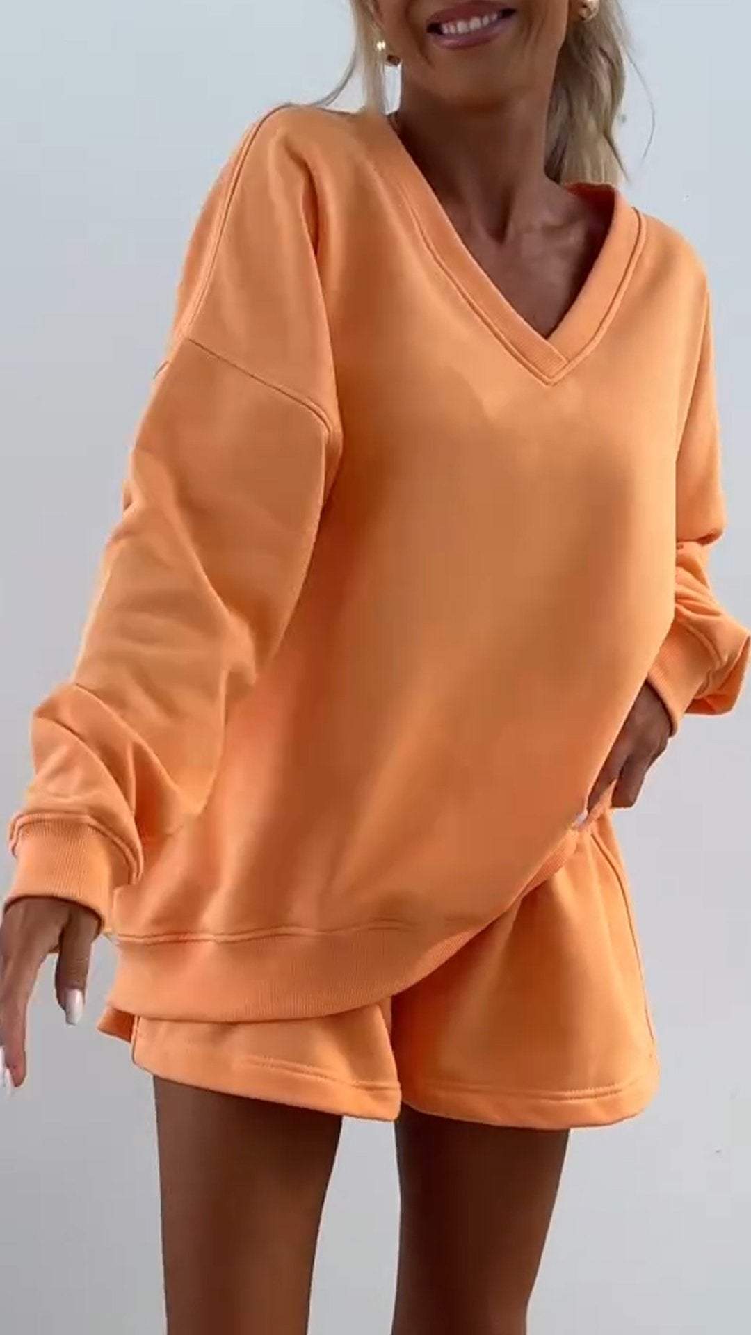 Ensemble deux pièces rayé à manches longues pour femme avec col en V – Tenue décontractée