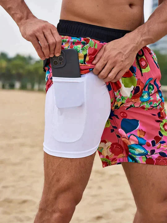 Men's Quick-Drying Swim Shorts with Compression Inner Shorts – Sporty Beach Shorts