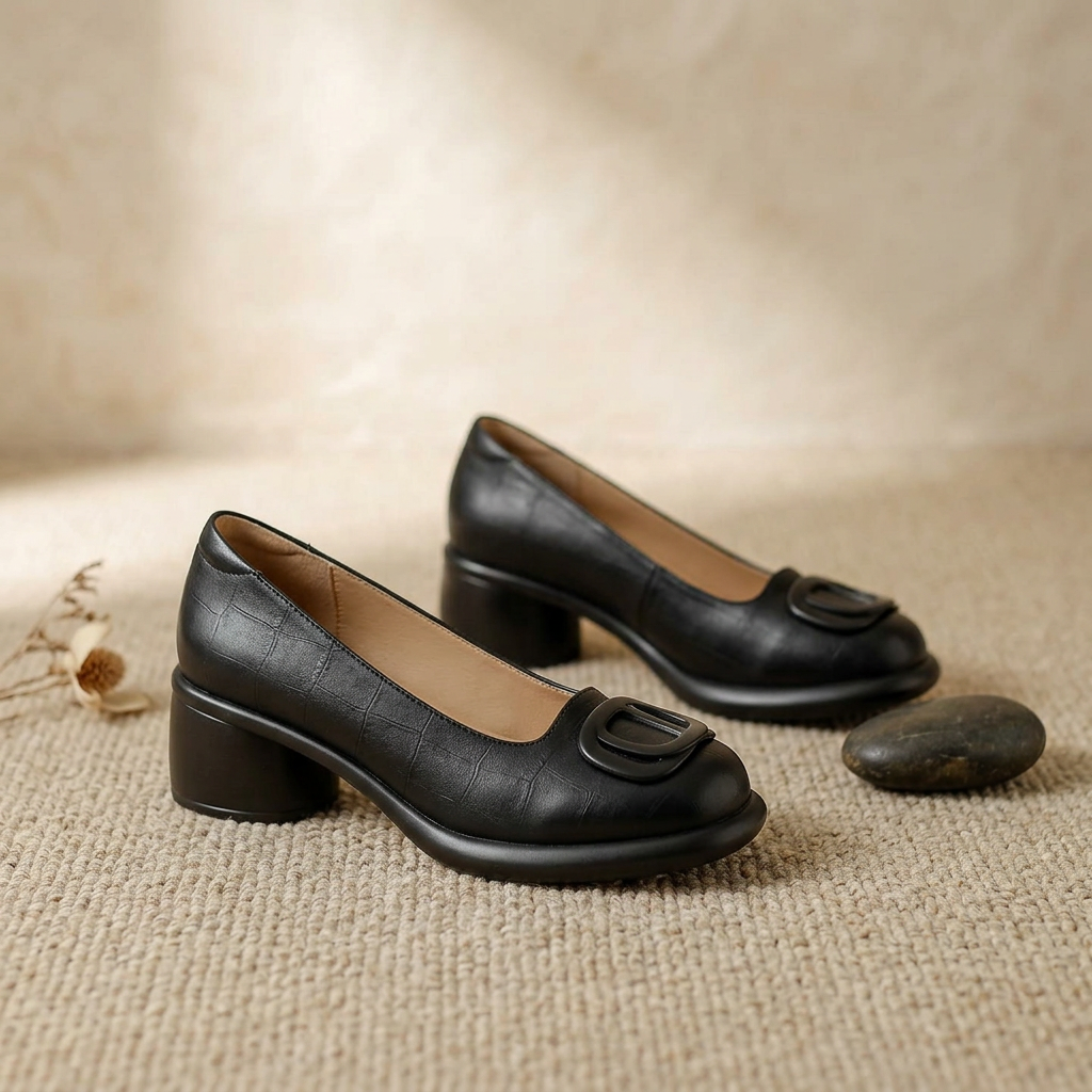 Women's Brown Closed Leather Shoes with Block Heels – Stylish Comfortable Footwear