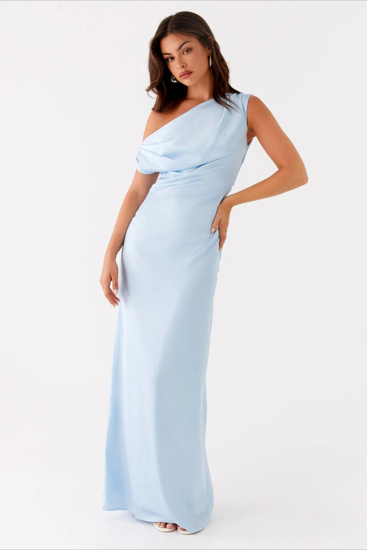 Women's Solid Color Maxi Dress with Asymmetric Neckline – Evening Dress
