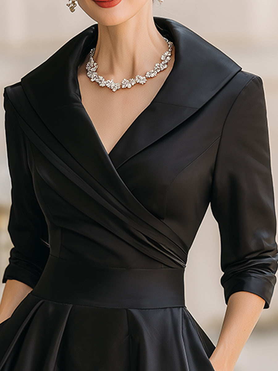 Robe midi satinée femme à col en V – Robe élégante à manches longues avec col