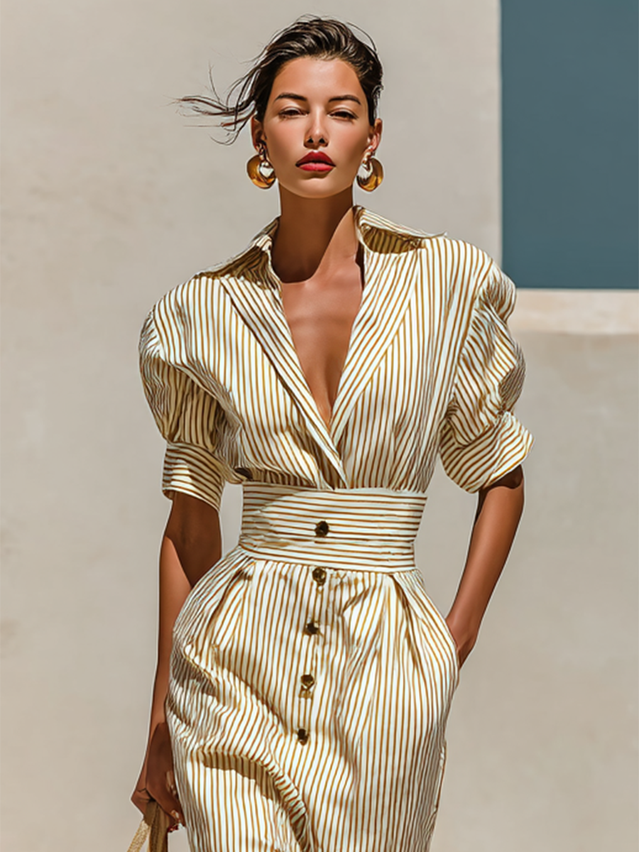 Robe midi rayée avec col à revers et taille marquée