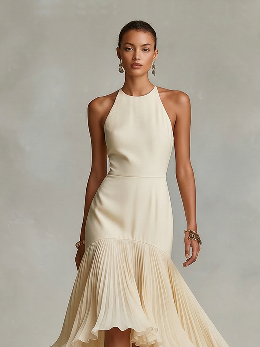 Elegant halter-neck midi dress made of crepe in ivory