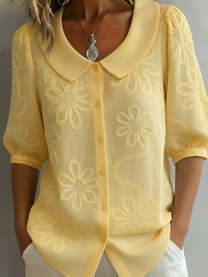 Blusa de mujer con bordado floral y cuello Peter Pan – Top vintage ligero