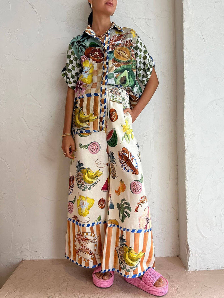 Women's Tropical Fruit Print Shirt and Wide-Leg Pants Set – Summer Vacation Outfit