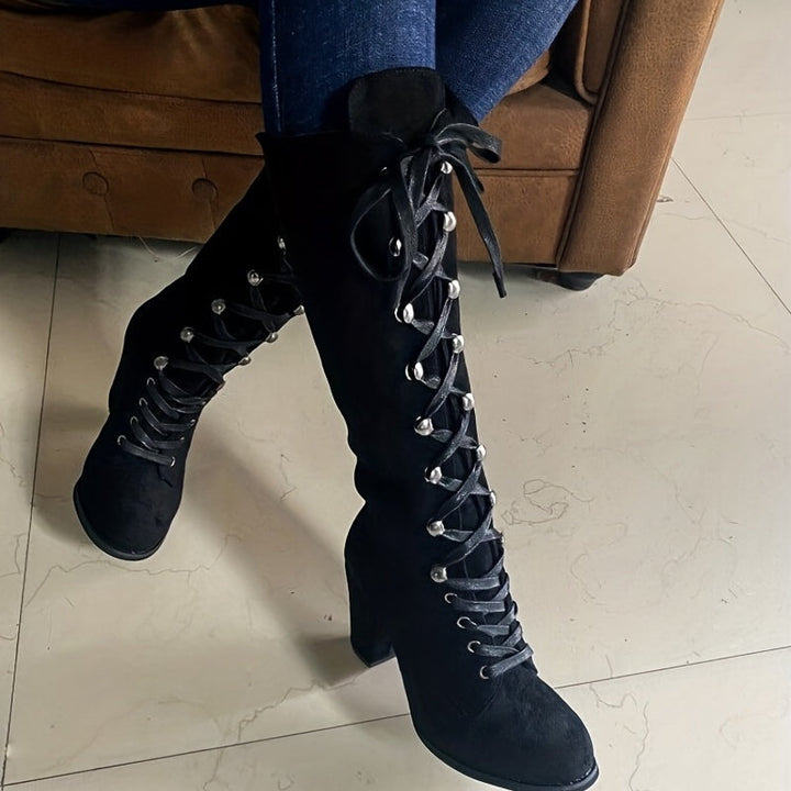 Sabine | Damen Hohe Schnürstiefel mit Blockabsatz