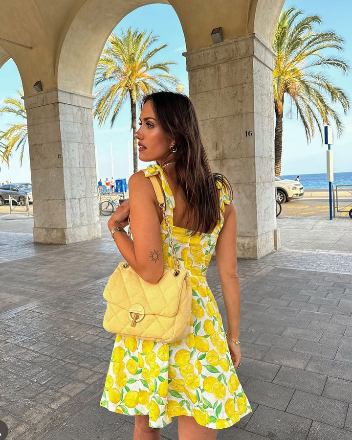 Vestido de verano para mujer con volantes – Estampado de limones y escote en V