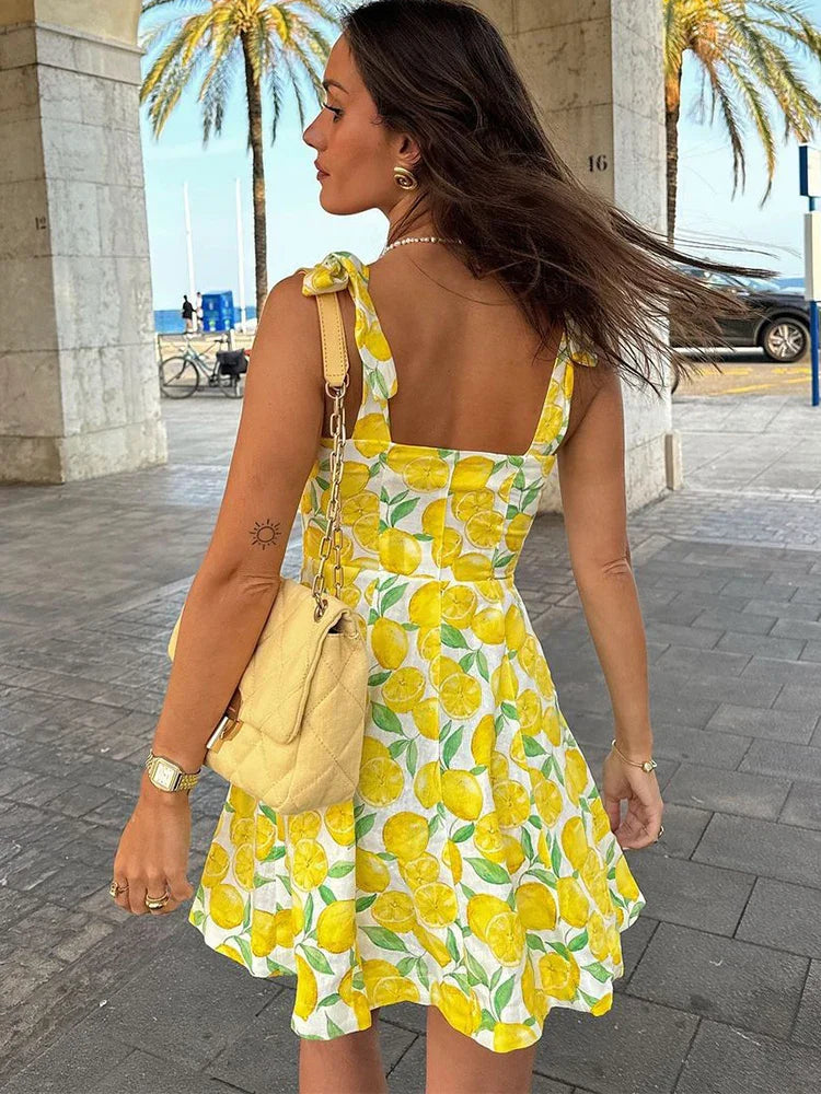 Vestido de verano para mujer con volantes – Estampado de limones y escote en V
