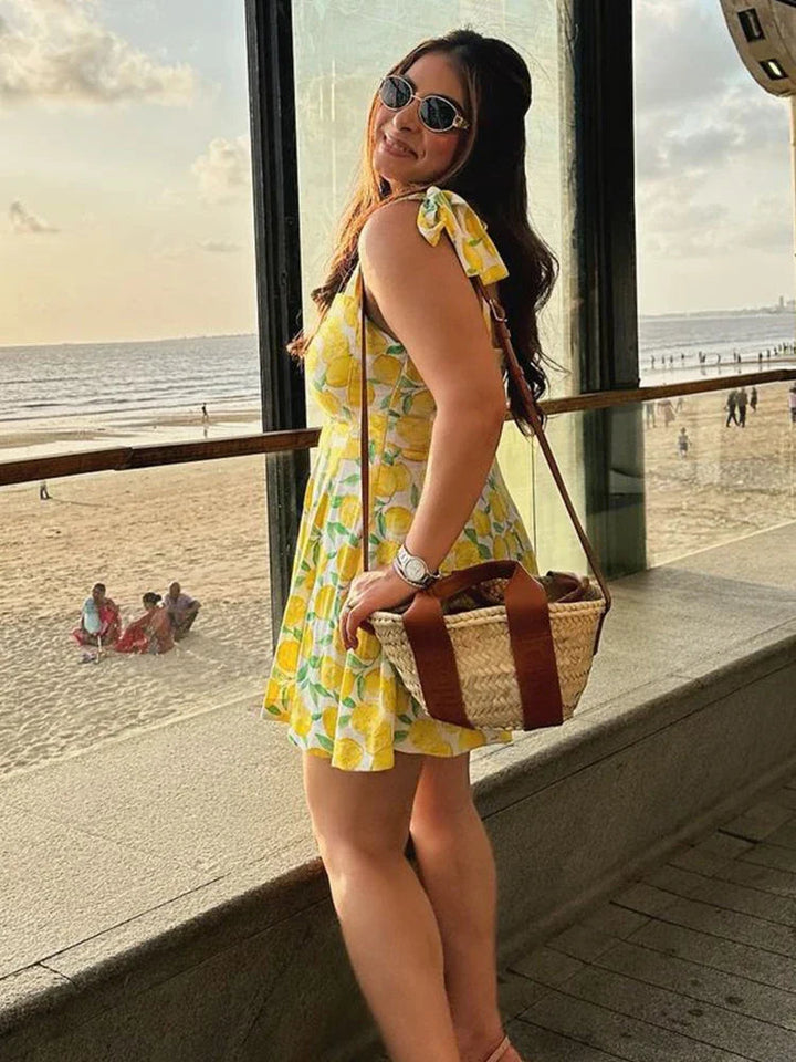 Vestido de verano para mujer con volantes – Estampado de limones y escote en V