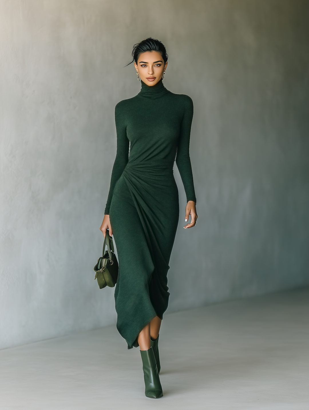 Dunkelgrünes Strick-Midikleid in Wickeloptik