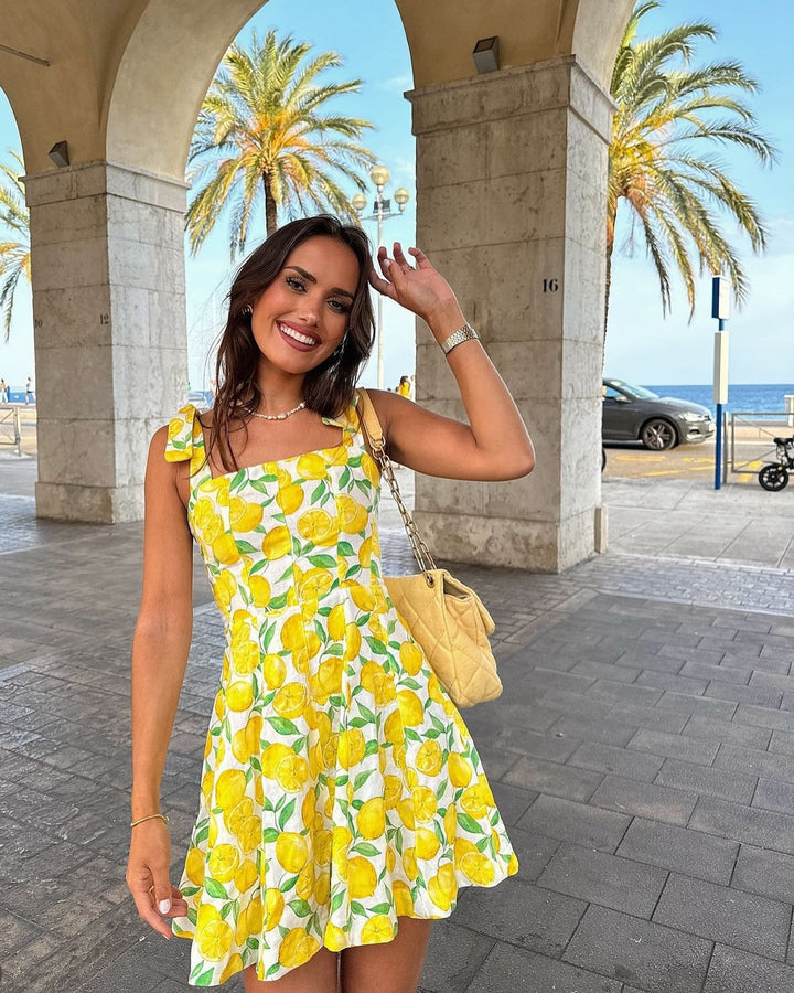 Vestido de verano para mujer con volantes – Estampado de limones y escote en V