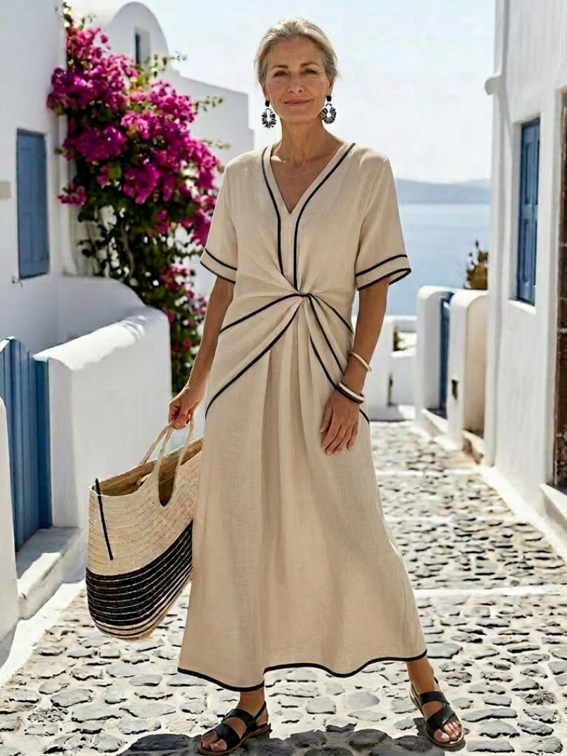 Elegantes Midikleid mit V-Ausschnitt und geraffter Taille für Damen – Kurzarm, elegant und lässig