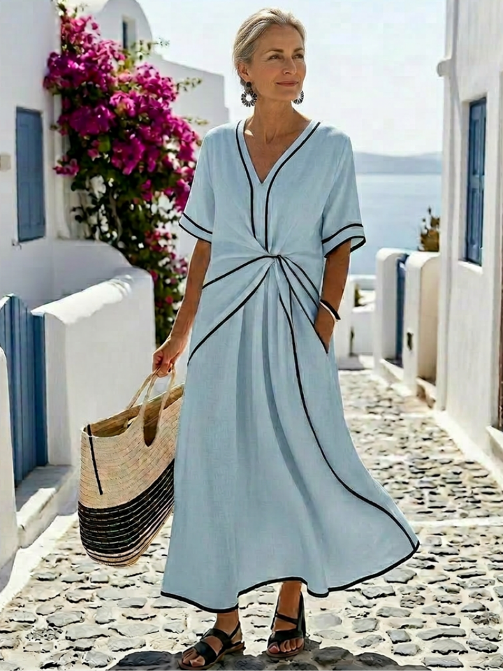 Elegantes Midikleid mit V-Ausschnitt und geraffter Taille für Damen – Kurzarm, elegant und lässig