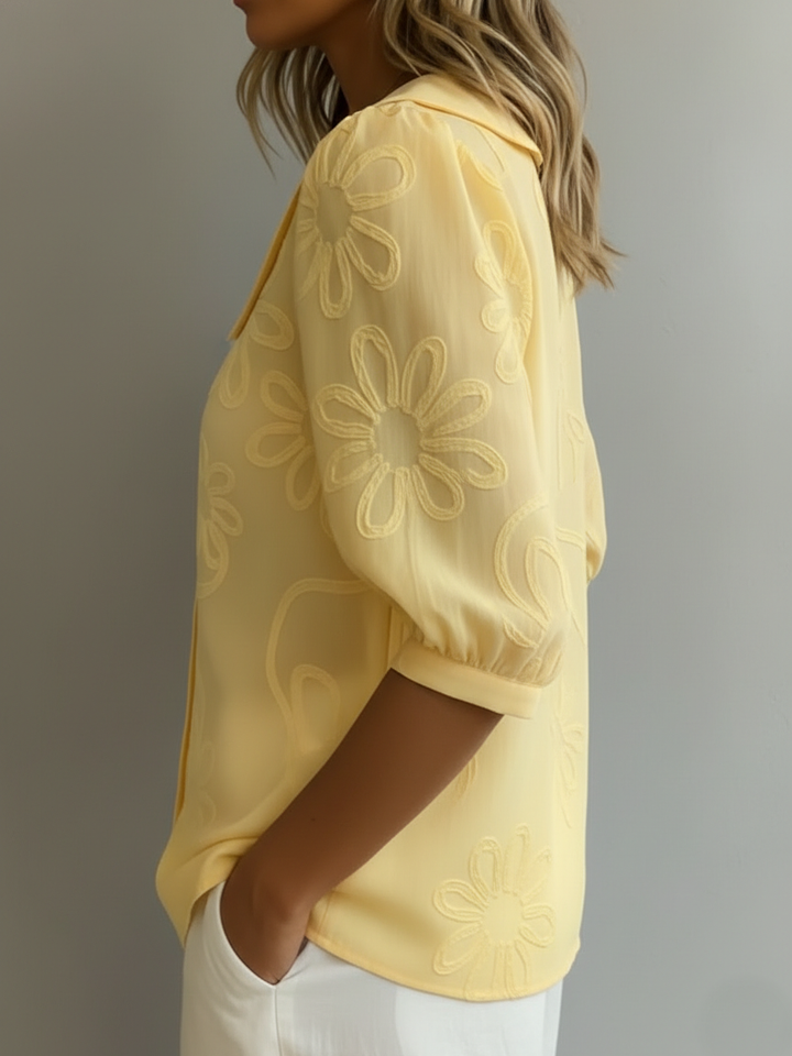 Blusa de mujer con bordado floral y cuello Peter Pan – Top vintage ligero