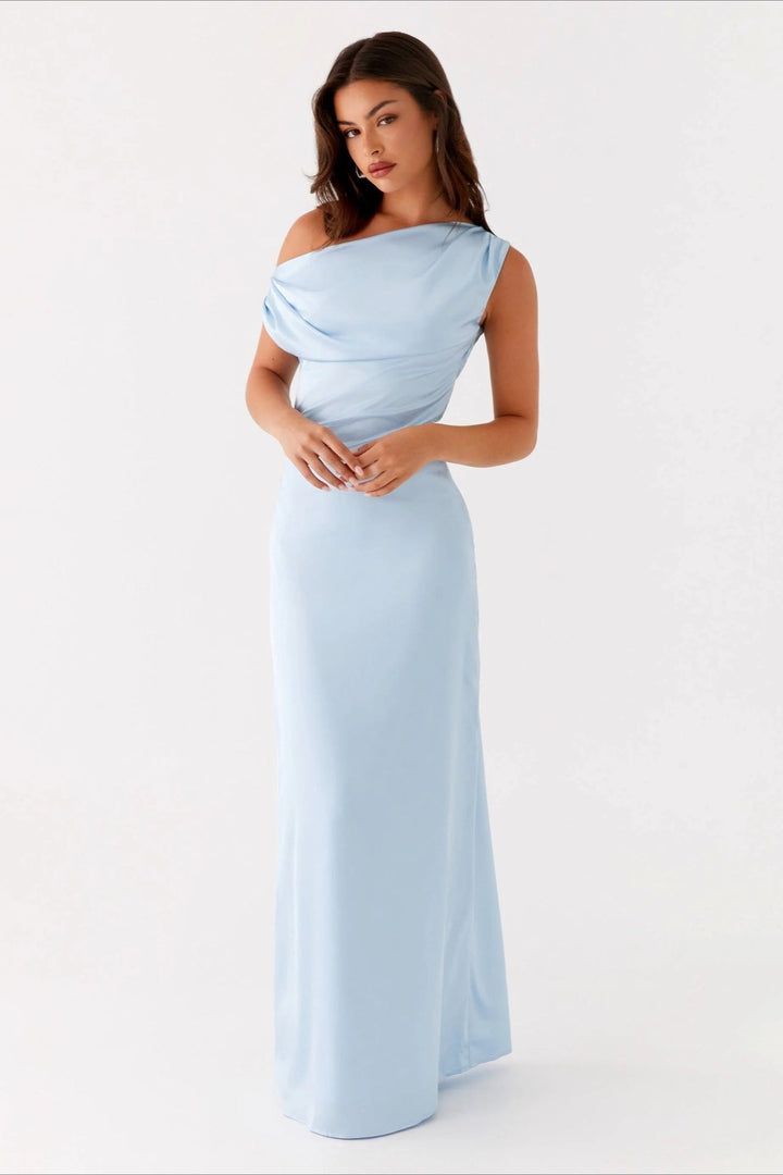 Women's Solid Color Maxi Dress with Asymmetric Neckline – Evening Dress