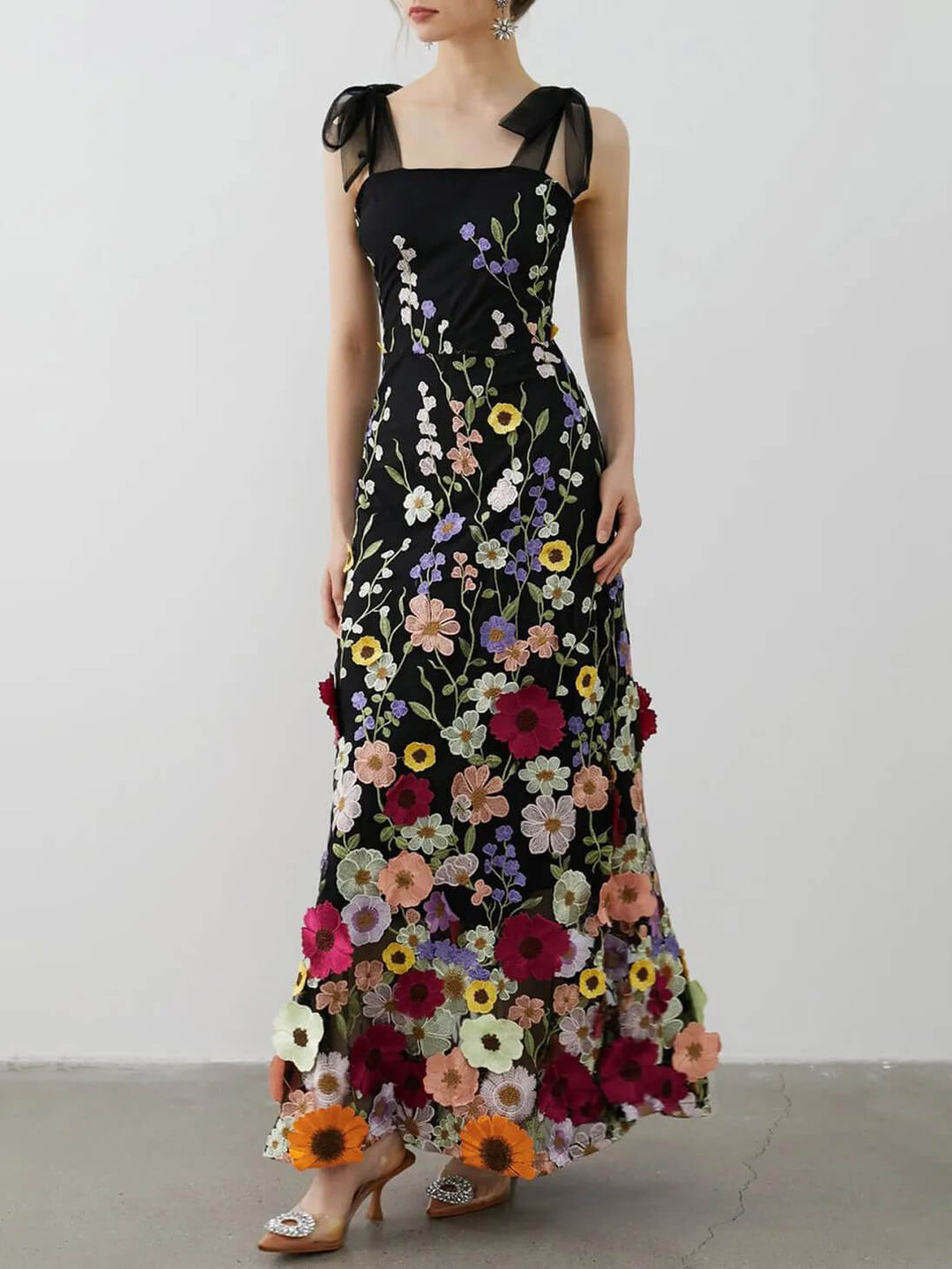 Damen Elegantes 3D Besticktes Blumen Maxikleid – Luxuriöses Abendkleid