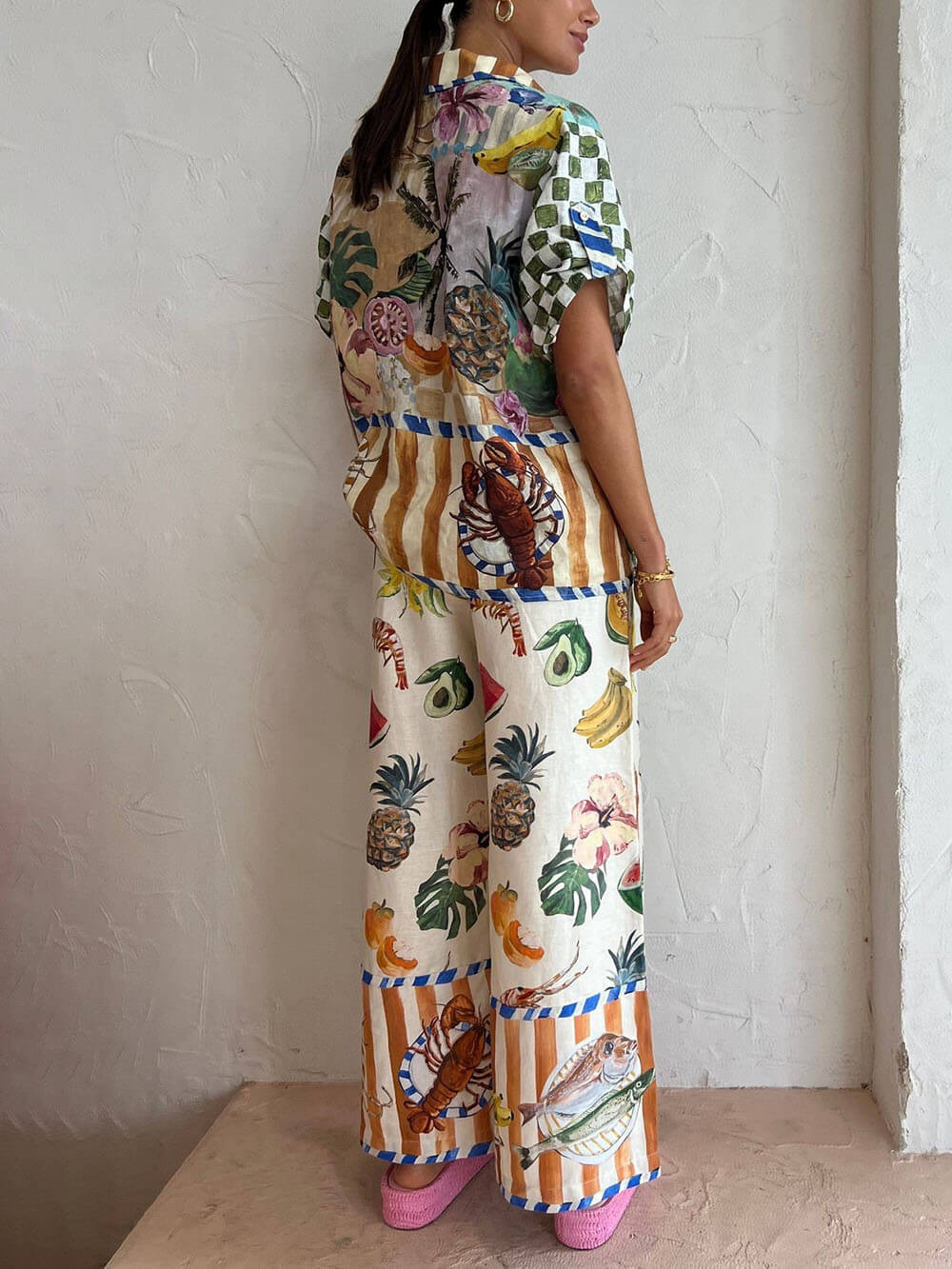 Women's Tropical Fruit Print Shirt and Wide-Leg Pants Set – Summer Vacation Outfit