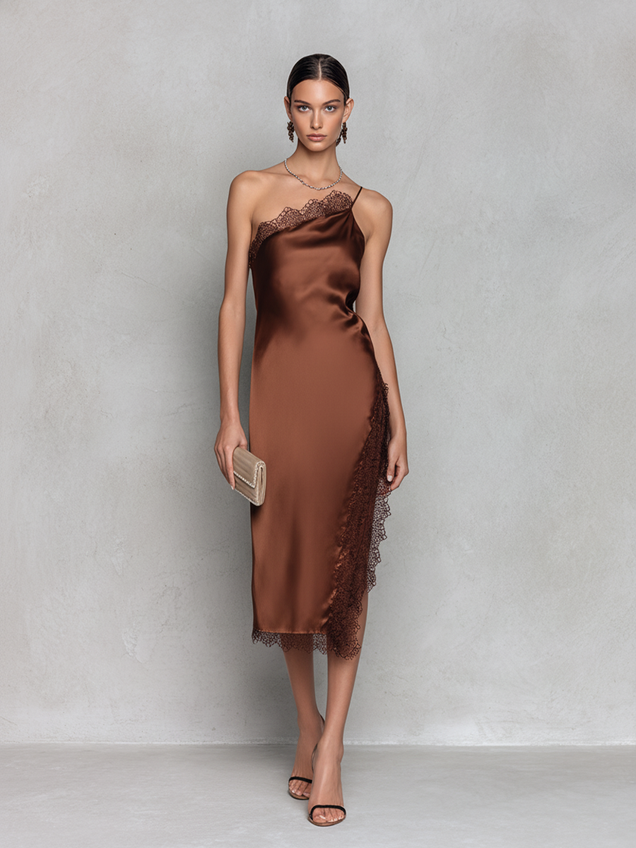 One-Shoulder-Midikleid aus Stretch-Satin mit Spitze