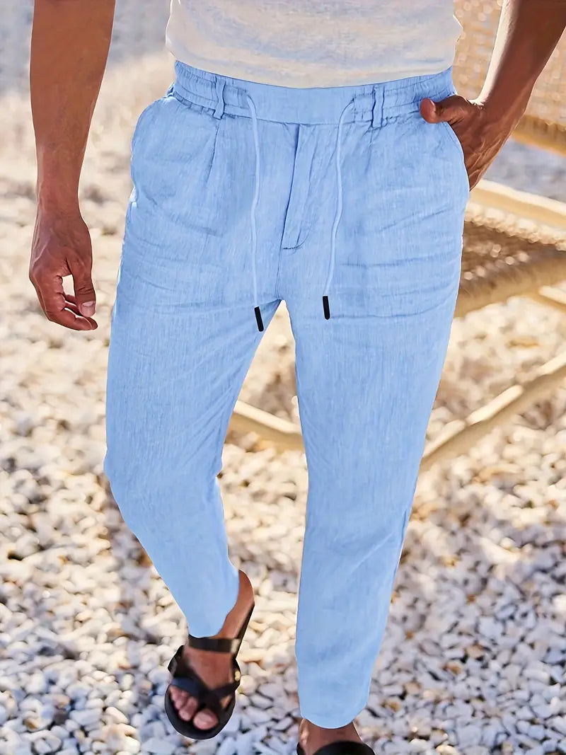 Men's Wide-Cut Linen Pants – Casual Summer Pants with Drawstring