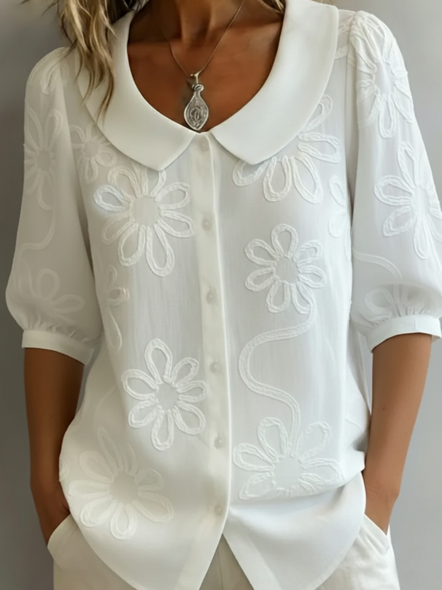 Blusa de mujer con bordado floral y cuello Peter Pan – Top vintage ligero